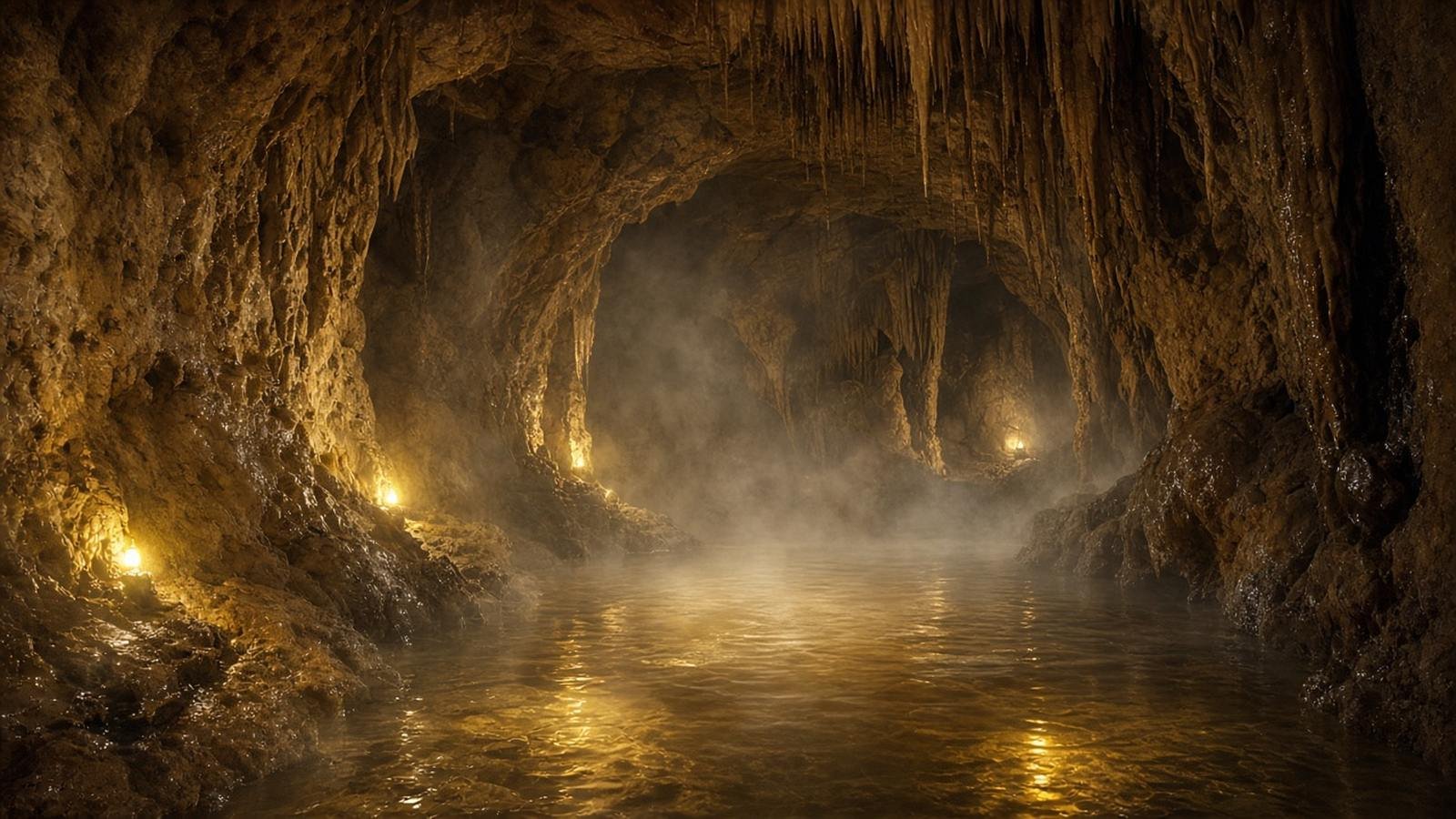 Steam rising off warm water inside a lamp-lit cave with stalactites