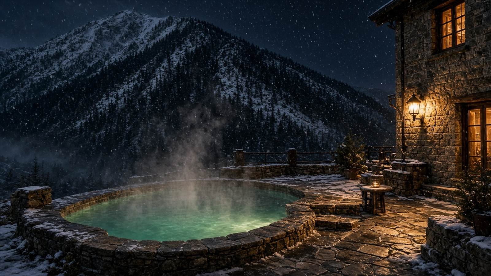 A steaming stone-ringed hot pool beside a lamp-lit stone building on a snowy mountain night