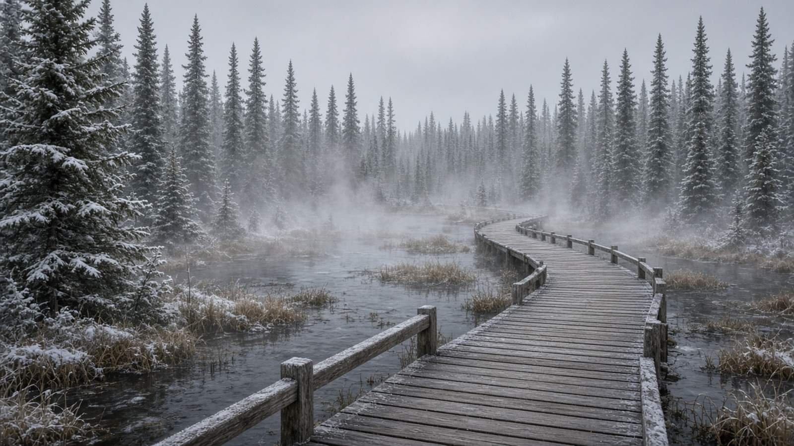 A misty wooden boardwalk crossing a steaming boreal swamp in winter