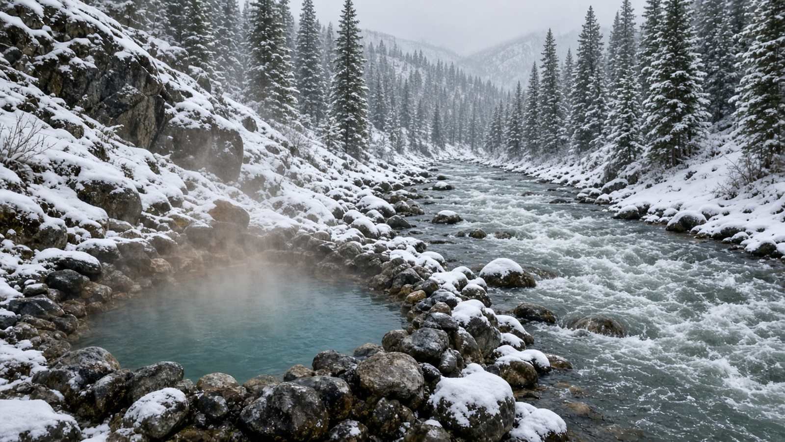 A small rock-ringed hot pool steaming beside a rushing river in a snowy forest
