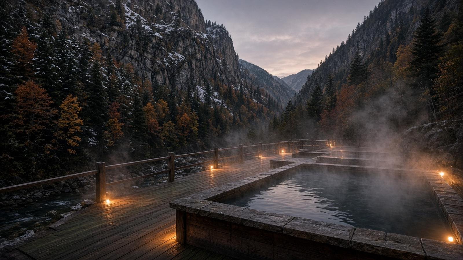 A steaming outdoor hot pool on a wooden deck in a steep, forested mountain valley at dusk