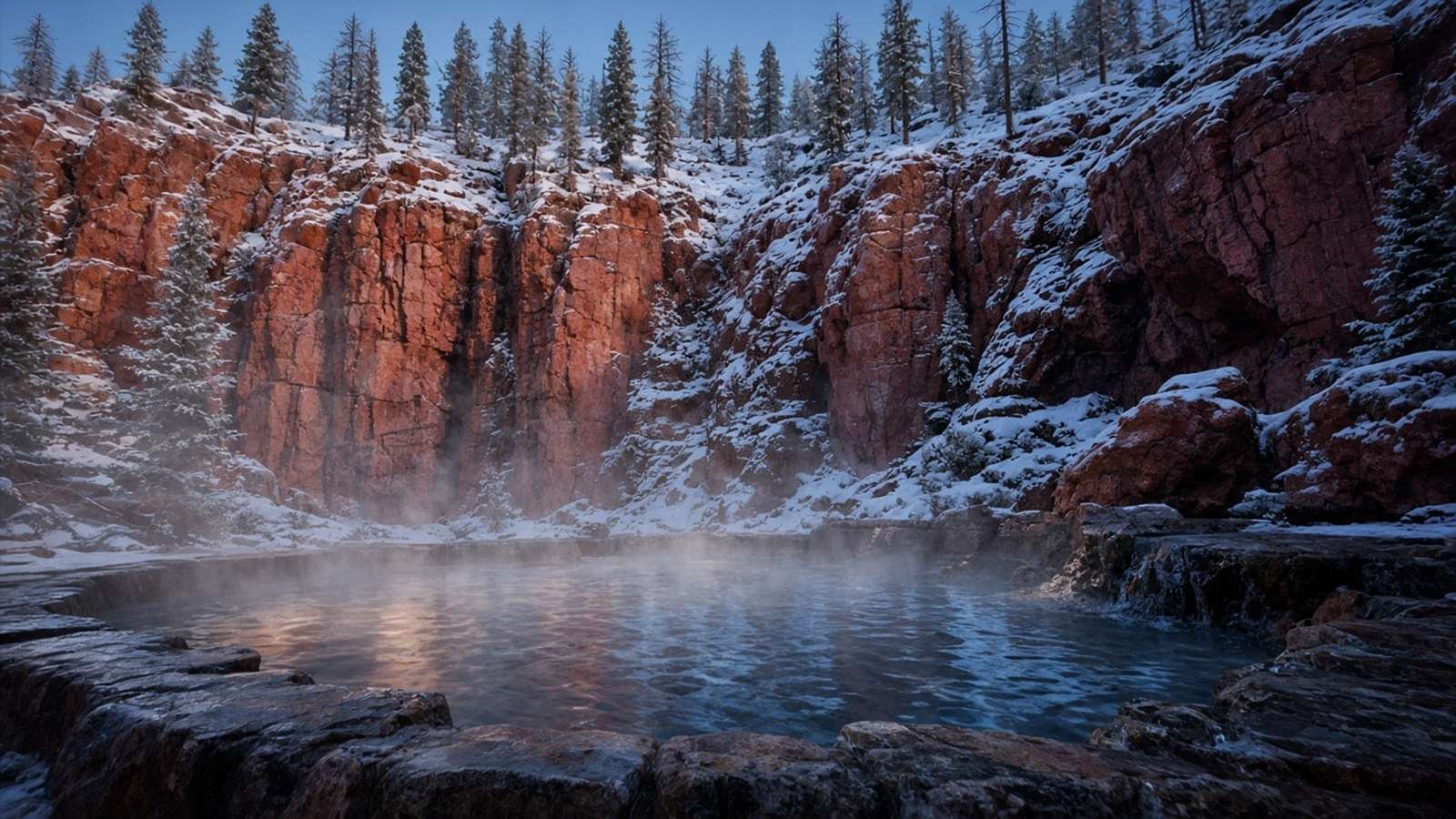 A steaming pool beneath red rock cliffs and snowy pines at blue hour