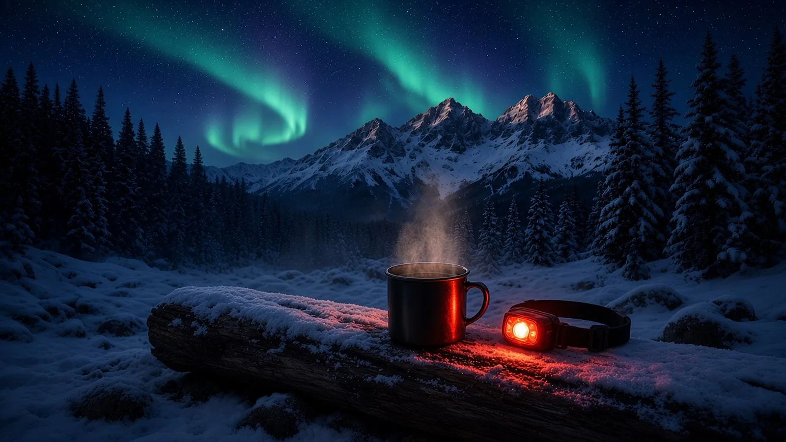 A steaming black mug on a snowy log beside a glowing red headlamp, with green aurora over the trees and peaks