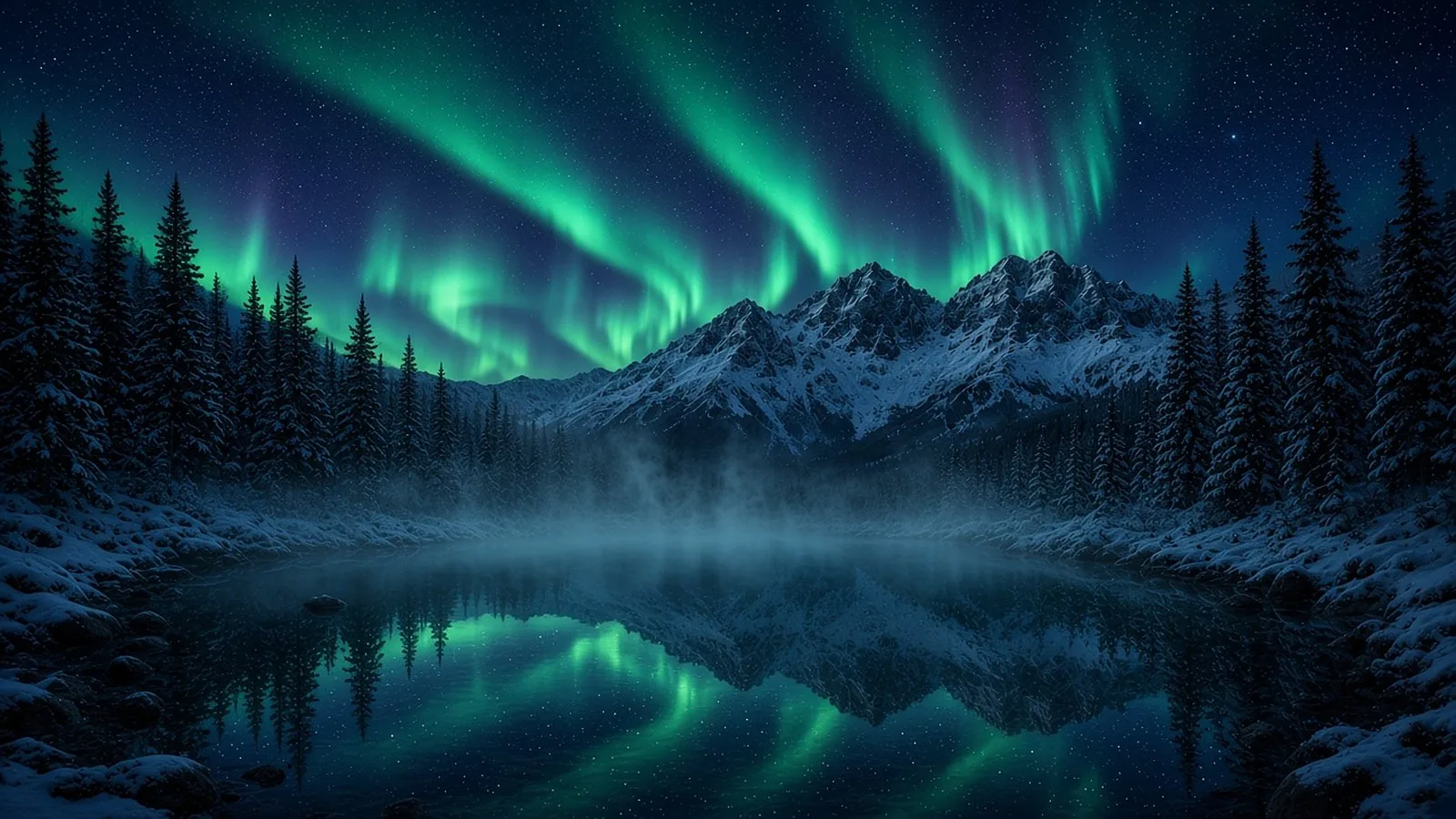 Green aurora ribbons over snowy mountain peaks, mirrored in a still lake lined with dark spruce