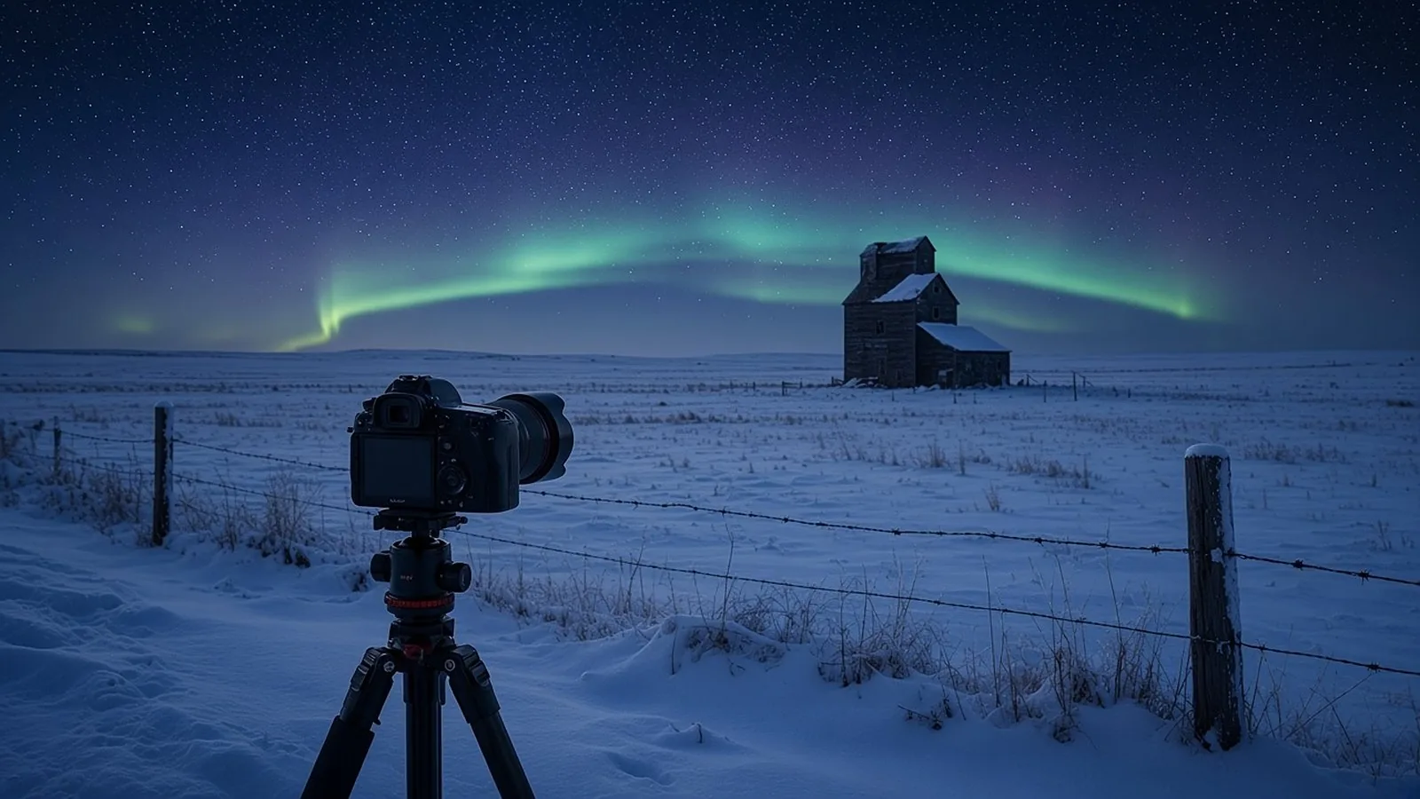 A faint green aurora arc low over snowy prairie fields, an old grain elevator and a fence line, with a camera on a tripod in the snow