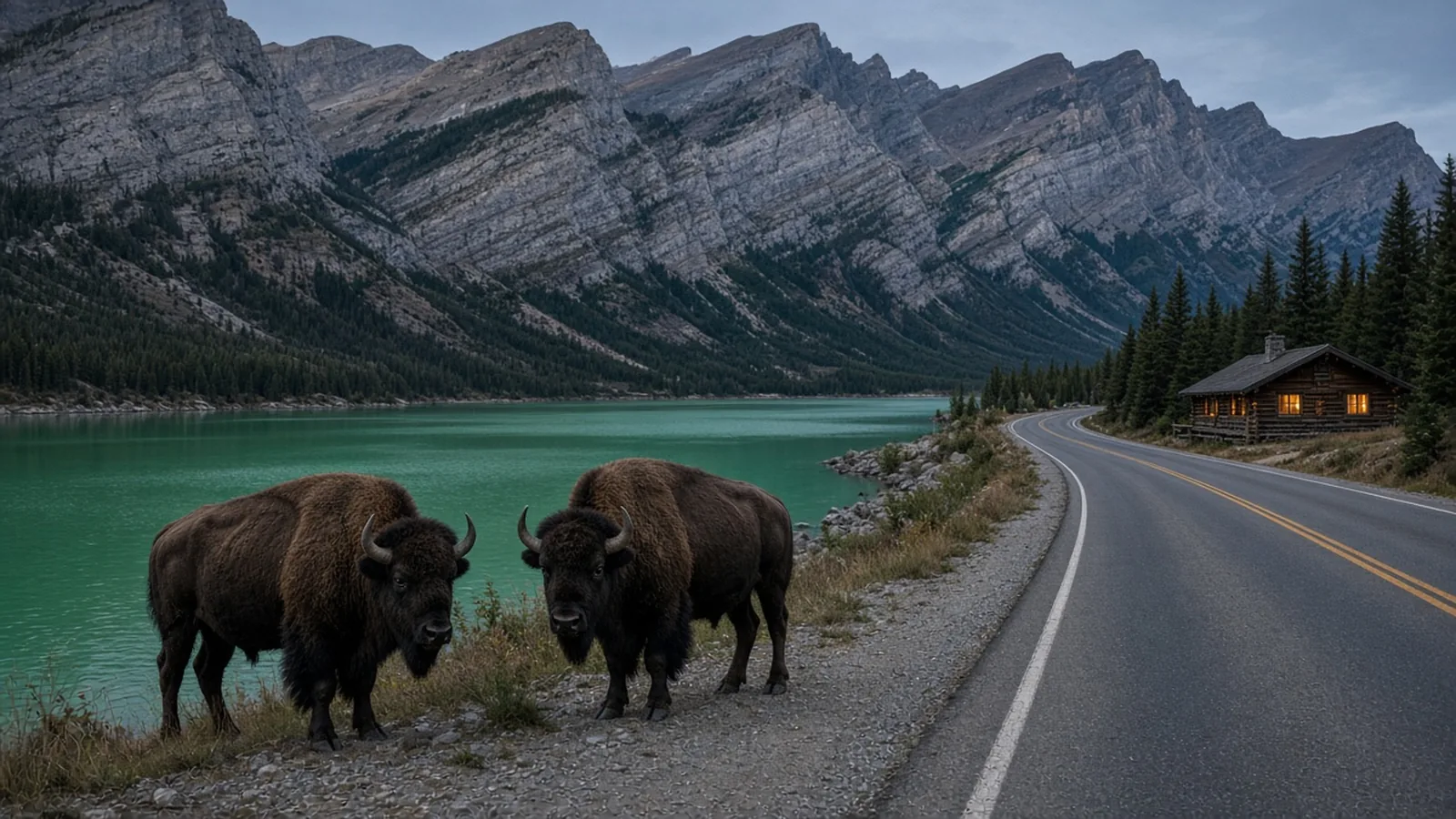 Two wild wood bison standing on the gravel shoulder of the Alaska Highway beside the jade waters of Muncho Lake in northern British Columbia, with a glowing log lodge in the distance.