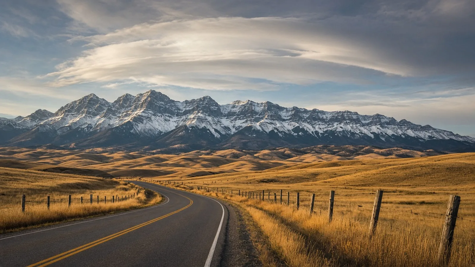 Alberta Highway 22, the Cowboy Trail, winding through golden fescue ranch country toward the snow-dusted wall of the Livingstone Range under Chinook arch clouds.