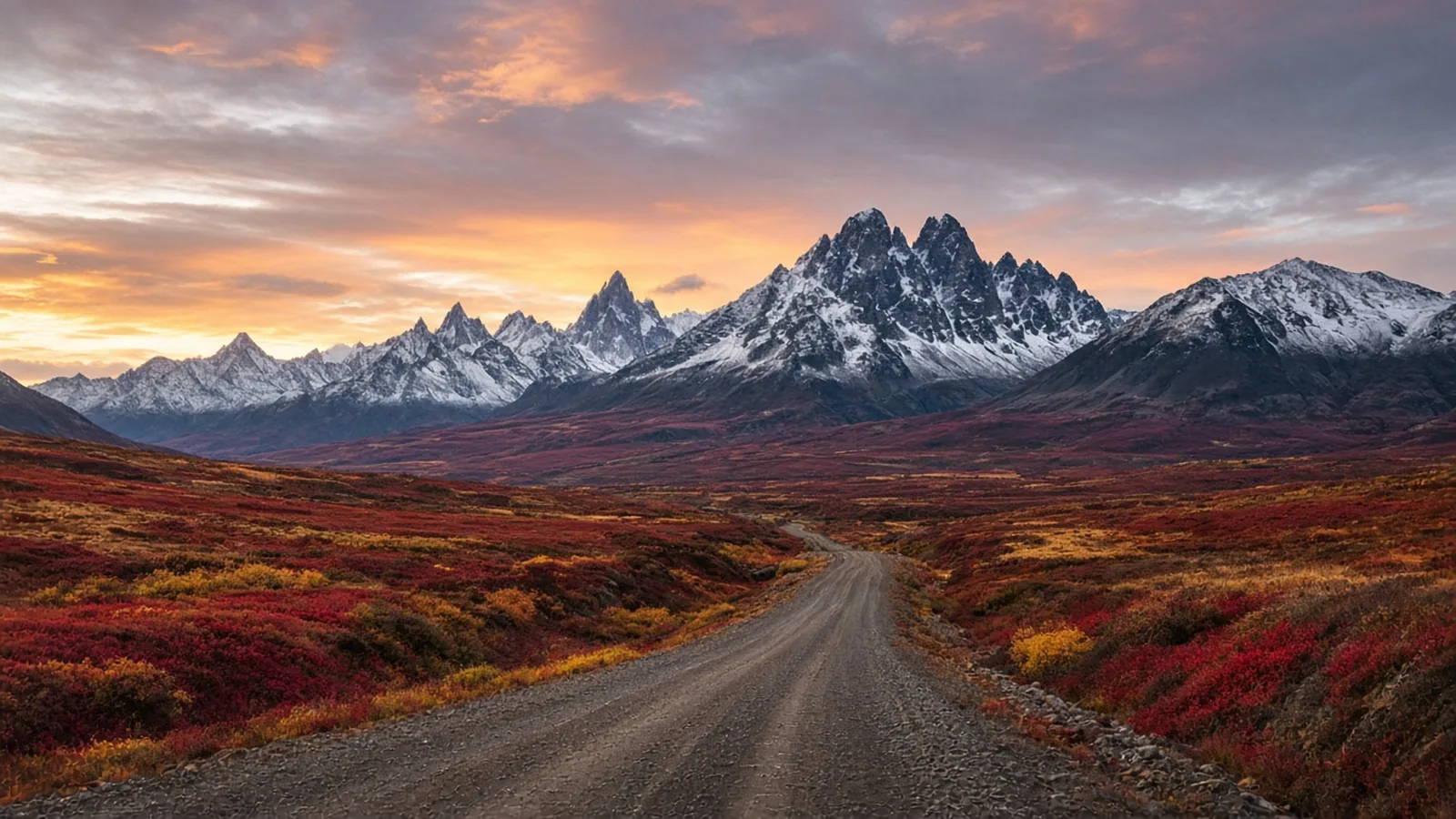 The elevated shale-gravel ribbon of the Dempster Highway stretching across crimson and gold subarctic tundra toward the jagged snow-dusted granite peaks of the Tombstone Mountains in the Yukon.