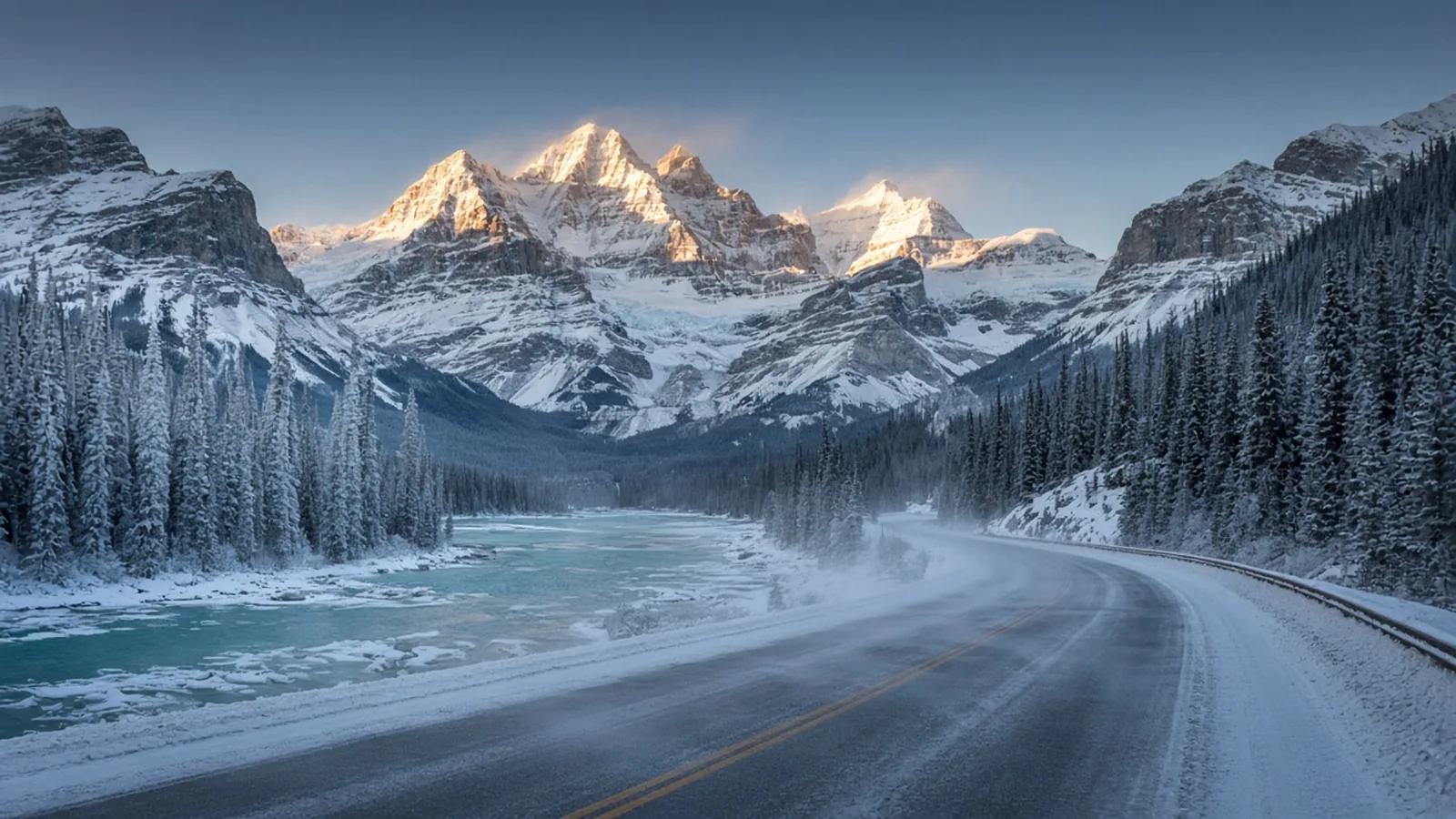 Highway 93 North, the Icefields Parkway, curving beside a frozen turquoise river and snow-plastered limestone peaks at dawn in the Canadian Rockies.