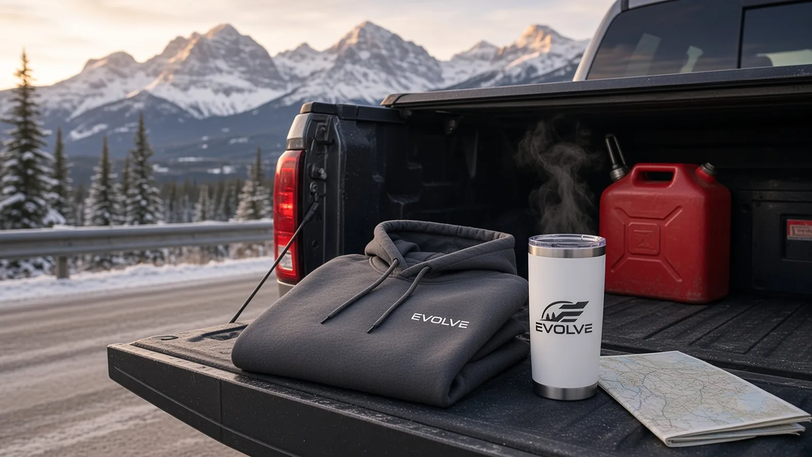 An open pickup truck tailgate at a frosty mountain highway pullout at dawn, holding a folded Carbon Grey Evolve Longhaul Hoodie, a steaming white 20 oz Great White North Tumbler, a paper highway map, and a red jerry can.