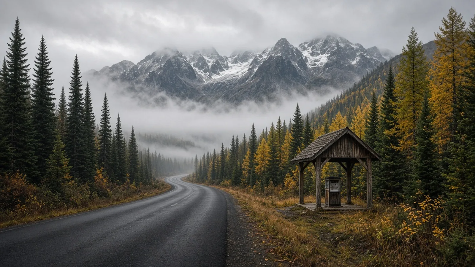 A solitary timber-roofed gas pump beside the narrow, rain-slicked ribbon of BC Highway 37, the Stewart-Cassiar Highway, winding through autumn larch and mist-draped mountains.